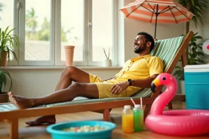 : Design-Air Heating & Air Conditioning—A man in yellow shorts and a t-shirt relaxes on a beach chair inside his home, signifying a cool and comfortable indoor environment in Decatur, IL, during the summer heat.