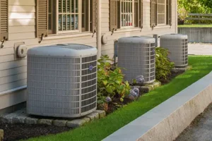 Design-Air Heating & Air Conditioning—A row of air conditioners outside condos in Decatur, IL, after the summer season.