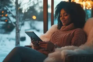 Design-Air Heating & Air Conditioning—A woman relaxes in a comfortable chair reading on her tablet with a winter scene in the background of her Decatur, IL home.