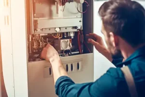 Design-Air Heating & Air Conditioning—A repairman fixes a furnace that needs a tune-up in a home in Decatur, IL.